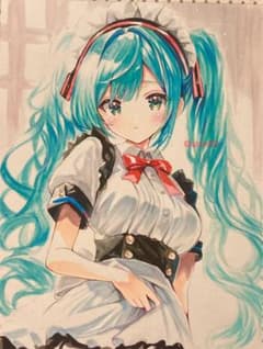 手描きアナログイラスト　メイド服姿の初音ミク 初音ミク「メイドミクさんについて考える #初音ミク」|rio7のイラスト