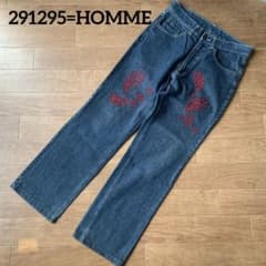 291295=HOMME ボタニカル刺繍 ダークブルー デニムパンツ インディゴ 