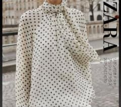 ZARA 完売品 リボン付きドットプリントブラウス Lサイズ - メルカリ