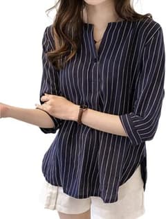 ストライプシャツ ブラウス レディース ストライプ七分袖 ダークブルー3XL