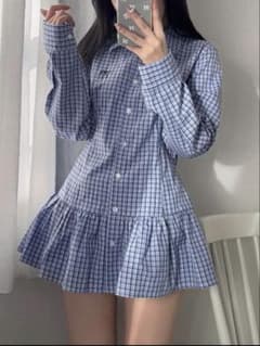 水色 チェック ワンピース シャツ リボン ミニワンピ