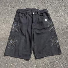 ラインストーン デニムハーフパンツ ブラック ストリートのサムネイル