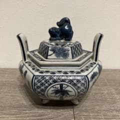 E-壁 九谷焼 角福 三つ足 香炉 獅子摘み 松竹梅 山水画 骨董 茶道具