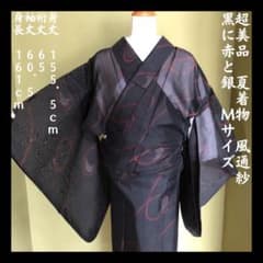 超美品【夏着物/風通紗】黒 ブラック 裏は濃い赤 流線 銀糸 Mサイズ