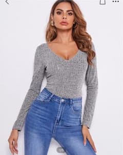 Shein♡グレーVネックリブカットソーのサムネイル