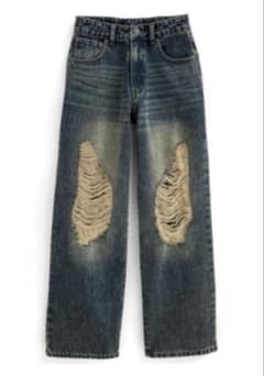 GRL ダメージセミワイドストレートデニムパンツ