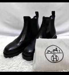 美品 HERMES サイドゴアブーツ ブラック ウィングチップ レザー 保存袋