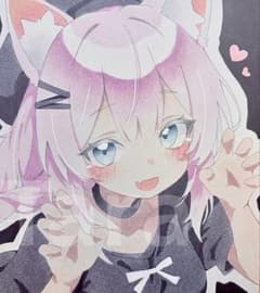 手描き イラスト オリジナル アナログ 色紙 三つ編み 猫 女の子 原画