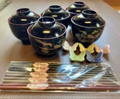 【未使用品】桂由美 汁椀 5客 箸 箸置き セット 漆器のサムネイル