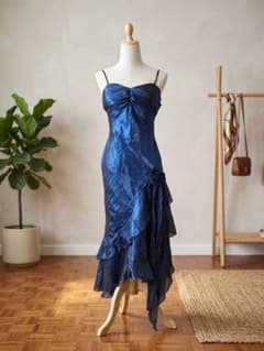 玉虫光沢 ネイビー ロングドレス キャバドレス マーメイド フリル コサージュのサムネイル