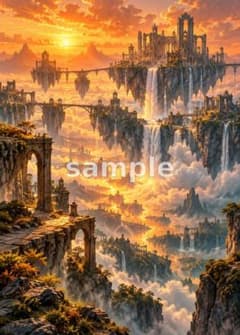琥珀空と浮遊遺跡のデジタルアート ポスター 壁紙 インテリア No.0142のサムネイル