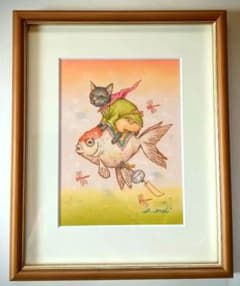 原画】『夏の終わりの使者』（黒猫の絵 金魚の絵） - メルカリ
