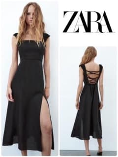 ZARA リネンブレンドミディ　ワンピース　ザラ　編み上げワンピースのサムネイル