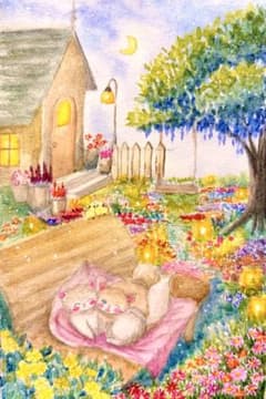 momorin原画 水彩画 花畑の猫と小鳥さん 値段は※900円です 手描き水彩画 月夜の庭で猫さんと小鳥さん 値段は※900円です - メルカリ