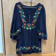 JEANASIS 花柄刺繍 チュニック 五分袖 ネイビーのサムネイル