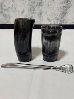 マテ茶カップ 牛角　部分的模様木製茶道具 パラグアイデザイン マテ茶カップ 牛角 部分的模様木製茶道具 パラグアイデザイン Set 2