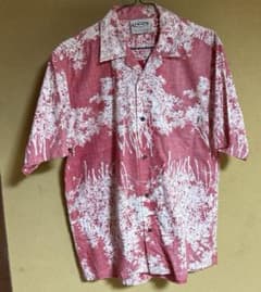 nev アロハシャツ M 　朱色×白 　総柄 ボタニカル 半袖シャツ 夏のサムネイル
