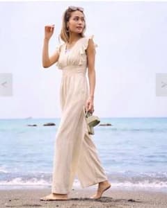コットンリネンタッチラッフルシャーリングロンパースのサムネイル