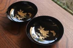 デッドストック！時代黒漆に優美な牡丹蝶蒔絵の映える小皿2点（検
