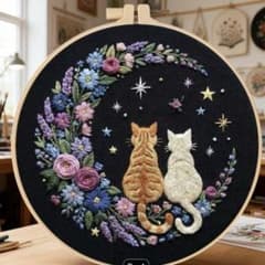 新品未使用 フラワームーンと後ろ姿の猫 刺繍キット ハンドメイド 刺繍