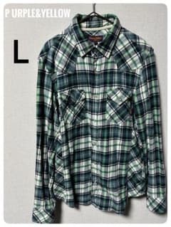 パープル＆イエロー ネルシャツ L グリーン チェック メンズ 古着 アメカジのサムネイル