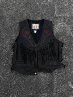 レザー フリンジ ベスト バラ刺繍 ブラック 70sフリンジレザーベスト。 レザー フリンジ ベスト バラ刺繍 ブラック 70sフリンジレザーベスト