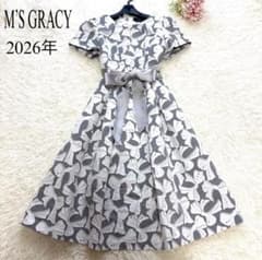 MS GRACY リボン柄 半袖ジャガードワンピース 42 美品】2026年 レース調リボンジャガードドレス ワンピース 半袖 36