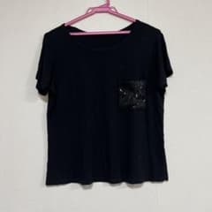 レディース 半袖Tシャツ ブラック スパンコールポケットのサムネイル