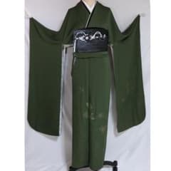 やまと寛斎□振袖6点セット帯新品帯締め色無地深緑正絹フルセット成人