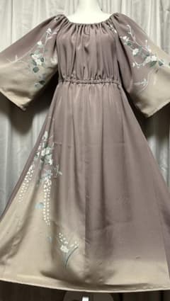 着物リメイク Aラインロングワンピース（正絹）リボンベルト付き