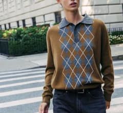 ZARA 今季✴︎ほぼ新品 ウール混 アーガイル柄 ポロニット セーター Sのサムネイル