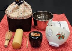 茶道具 抹茶碗 茶筅 茶杓 棗 (和歌入り) 茶巾 籠 小袖籠 野点セット 茶器
