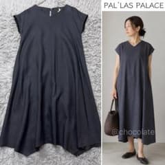 パラスパレス リネン100% Vネックワンピース フレンチスリーブ グレー