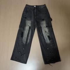 ダメージ加工 ワイドカーゴデニムパンツ Mサイズのサムネイル