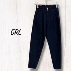 GRL ハイウエスト テーパードパンツ デニム ネイビー S ウエストフリル