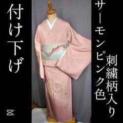 付け下げ、刺繍柄、サーモンピンク、袷 - メルカリ