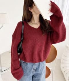 【値下げ】レディース 長袖 Vネック ニット ボルドーのサムネイル