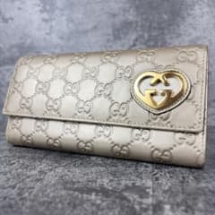 美品 GUCCI ラブリーハート GG シマ レザー 長財布 シャンパンゴールド 