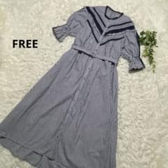 Thumbnail of ストライプ柄ロングワンピース　5部袖　レース　ブルー　綿　FREE