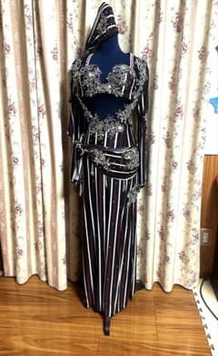 【美品】サイーディドレス ベリーダンス 衣装 白、黒、ボルドー ストライプのサムネイル