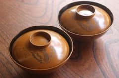 時代黄漆に風情ある沈金沈黒鳳凰文のお椀2点（検輪島塗京塗懐石椀蒔絵
