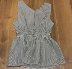 ゆるVネック　シャーリングシャツブラウス 　ストライプ ブルーのサムネイル