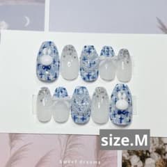 ネイルチップ うさぎ ツイード ブルー 水色 リボン ハート 推し活 Mのサムネイル