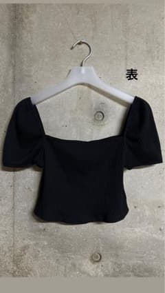 H&M 黒 リブ編み 半袖トップス Sのサムネイル