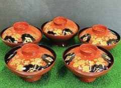 未使用】美品 朱塗 菊松皮菱 金彩 吸物椀 五客揃 蓋付 漆器 お正月