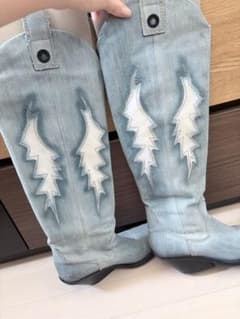 Diesel ライトブルー デニム ウエスタンブーツ ライトニング刺繍 