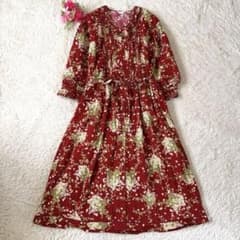 極美品】激かわピンクハウス赤い花柄の長袖シャツワンピースM〜XL相当 