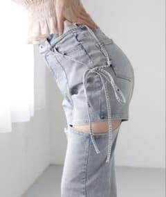 신품 나이스크랩 사이드 슬릿 플레어 리본 데님 팬츠 S 아이스 블루