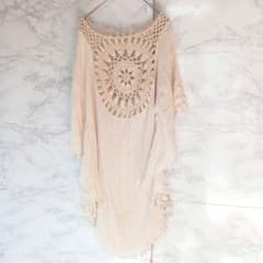 ベージュ レース編み チュニック フリンジ ワンピース きなり 白 ナチュラル