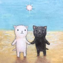 自作絵画 手を繋いで 猫の絵 絵画 アクリル画 原画 かわいい イラスト